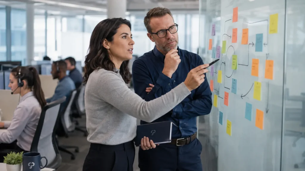 Contact center managers reviewing a customer intent analytics workflow