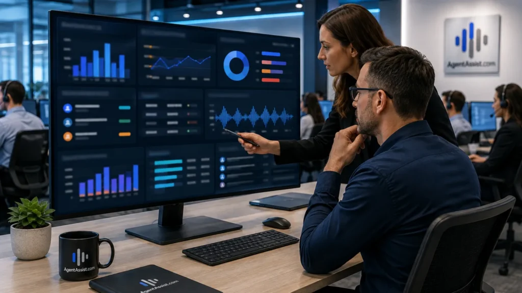 AgentAssist analytics dashboard connecting conversation analytics, QA, cases, coaching, and reporting