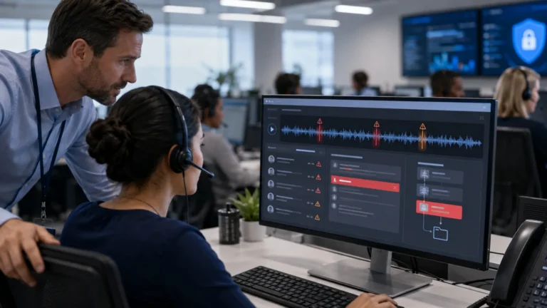 Contact center team flagging fraud-risk customer conversations for structured review