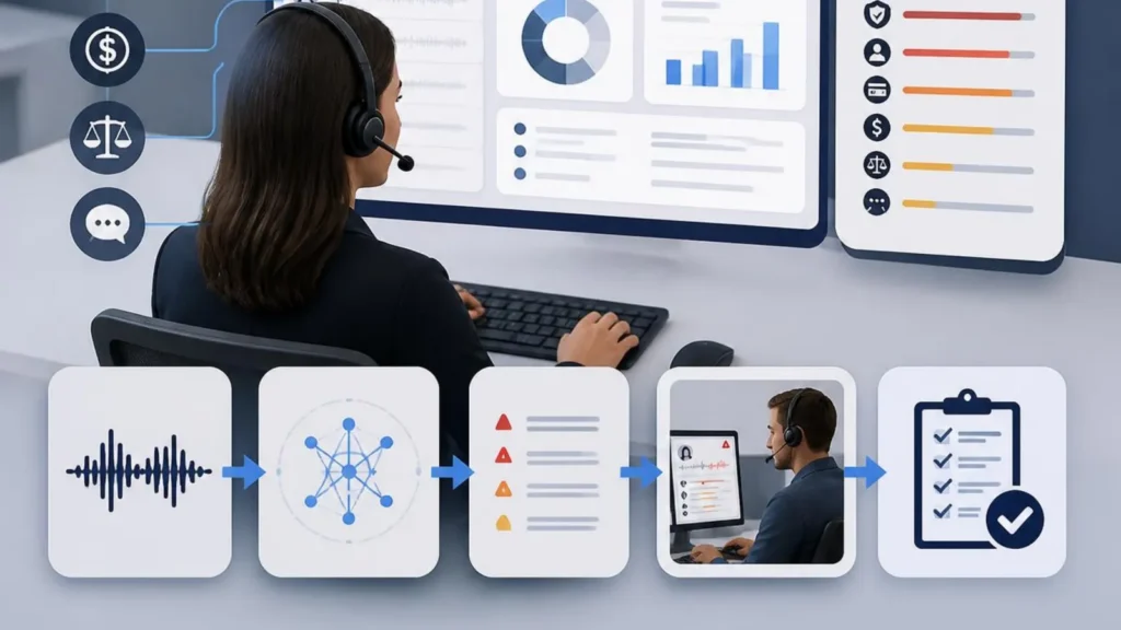 Contact center workflow flagging high-risk calls using keywords, classifications, metadata, and business rules