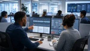 Contact center team reviewing flagged high-risk calls for faster supervisor review