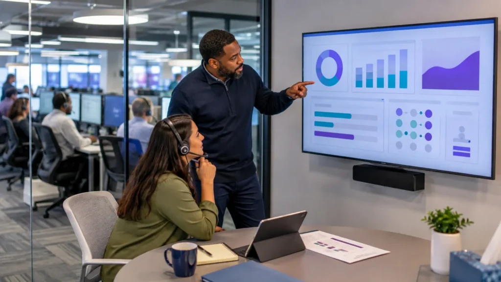 Contact center coaching workflow using automated reporting to track improvement and follow-up