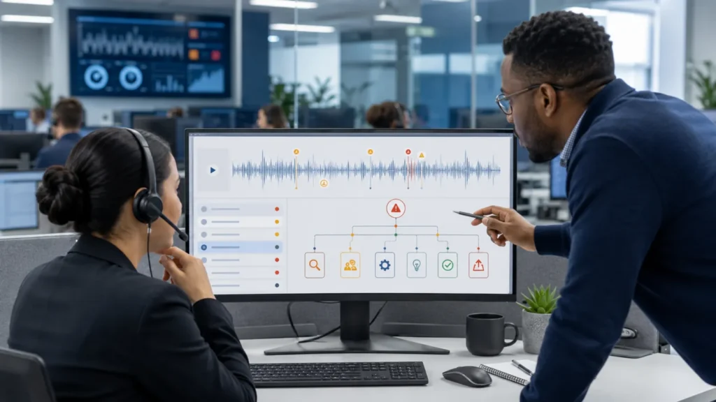 Contact center team flagging fraud-risk customer conversations for structured review